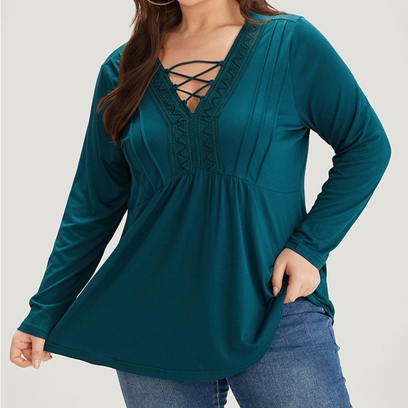 BloomChic Tops - BloomChic Teal Lace Pleated Crisscross T-Shirt Top Plus Size 5X